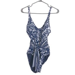 One piece swimsuit w front tie, dark blue and white